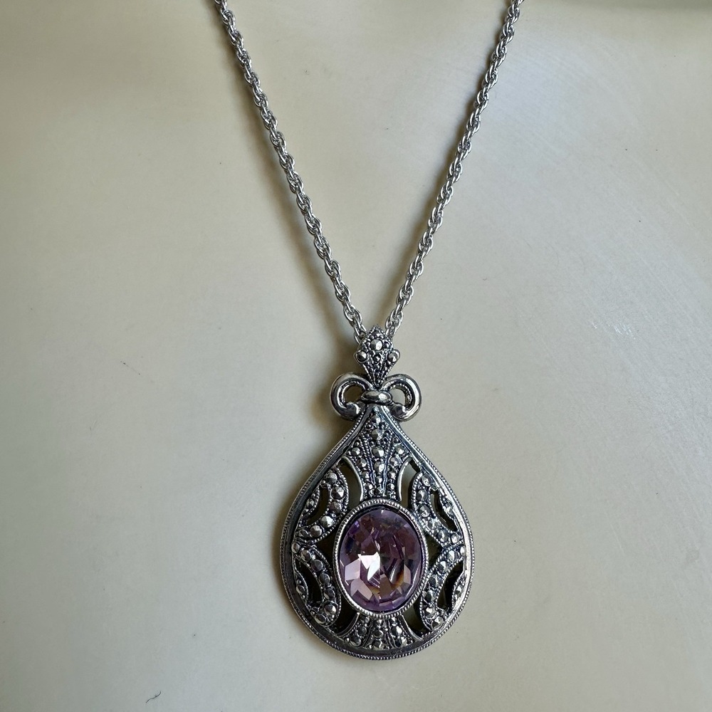Avon Silver-Tone Necklace with Purple Center Stone Pendant